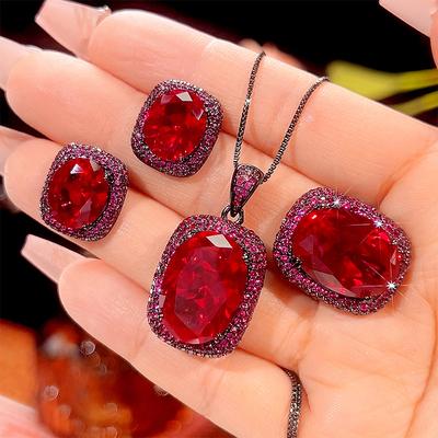 Schmuck Kupferboden Vergoldet Simulation Roter Korund Schwarzgold High-End Set Damen Stein 13 * 18