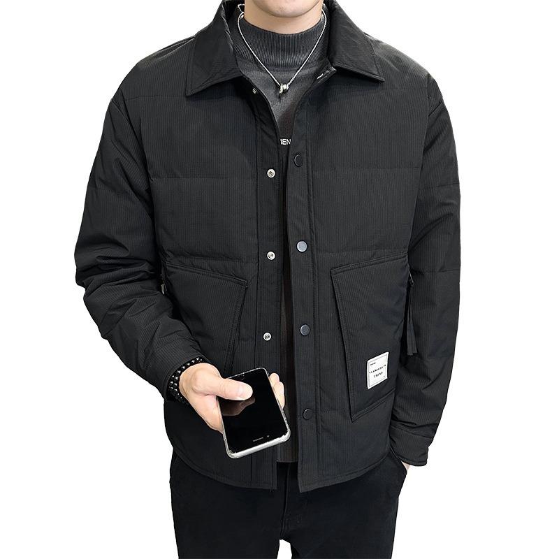 New winter men's trendy brand solid color lapel down jacket casual business down jacket shirt collar winter clothing