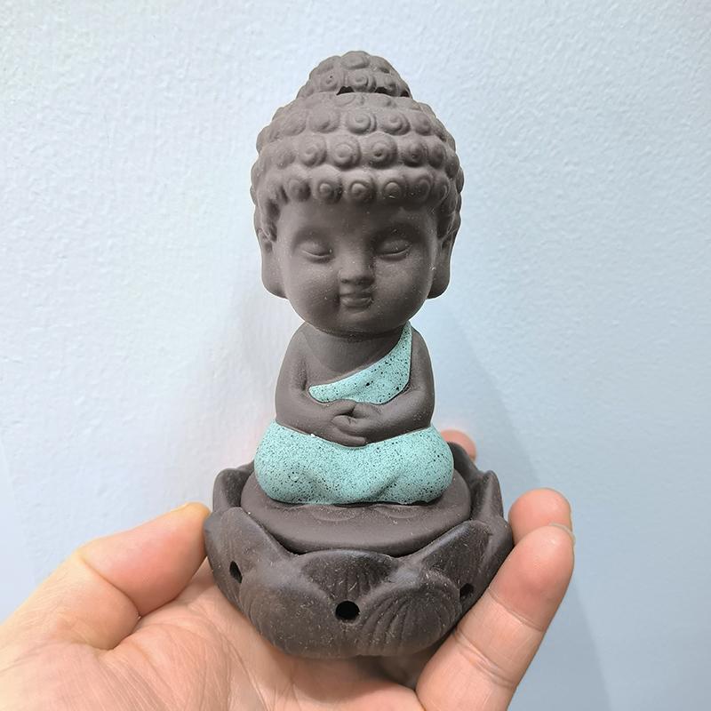FY Wünschender Mönch Keramik Räucherstäbchenhalter Buddha 2 Stunden Spiralräucherhalter Sandelholz Lavendel Lotusbasis
