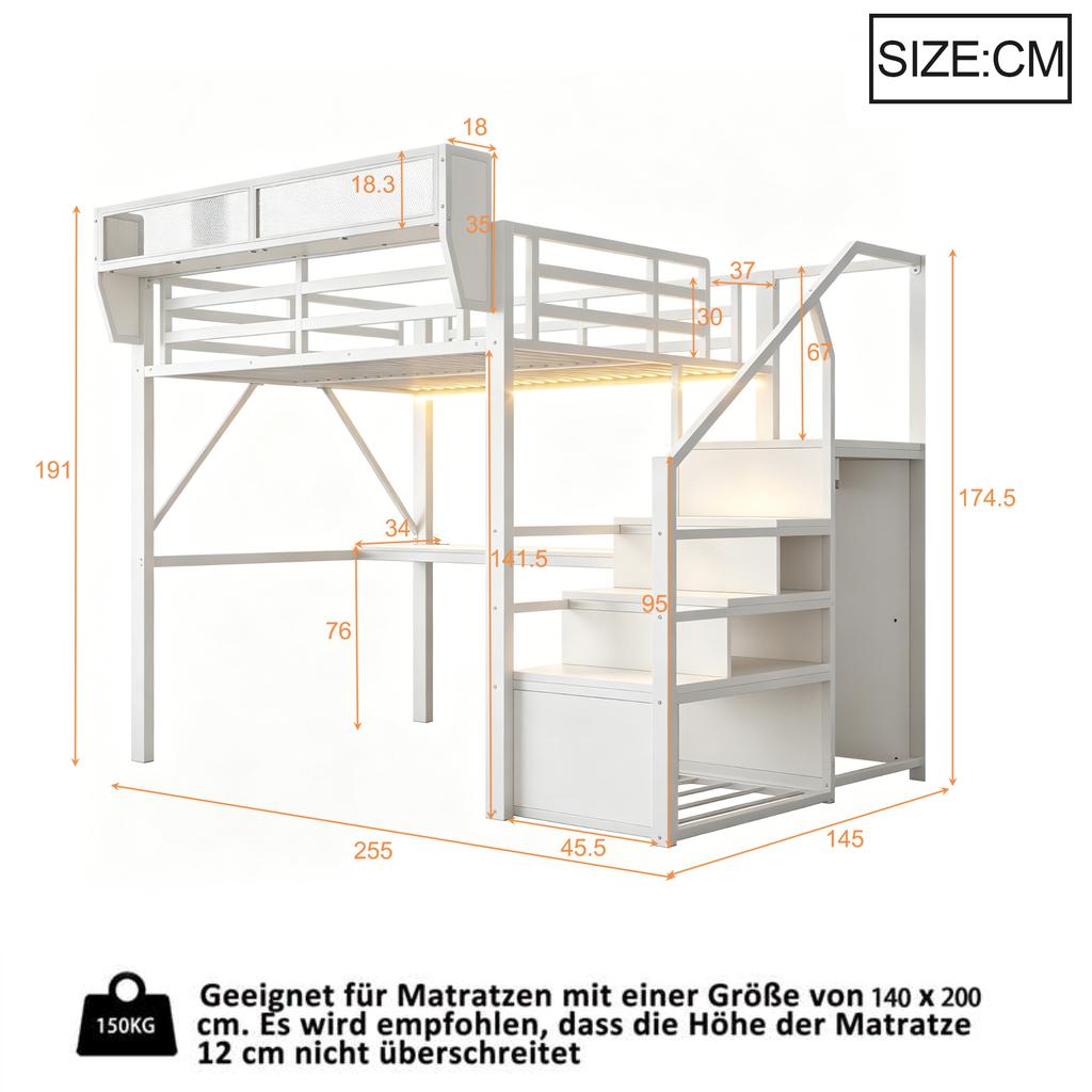 Loft Bed (140 x 200 cm), Metal Bed with LED Light Strip, Long Desk, Safety Ladder and Flexible Storage – Universal Bed for Adults and Children White