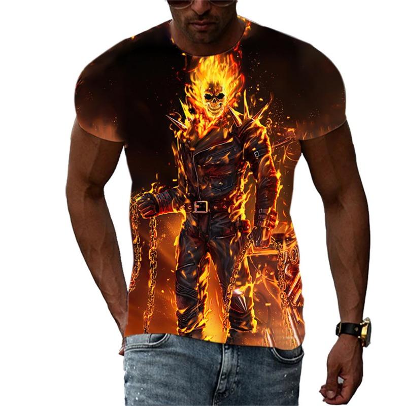 Summer Men's Fashion Trend New T-shirt 3D Flame Skull Digital Print Hip Hop Loose Street Clothing Casual Daily Round Neck Top