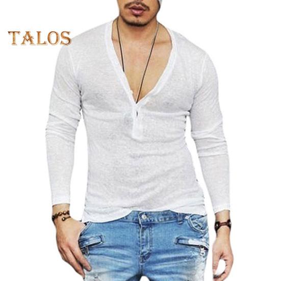 

Мужская футболка с V-образным вырезом, пуговицами, полузастежкой, длинным рукавом, однотонная, облегающая, обычного покроя, дышащая, топы 2XL белый