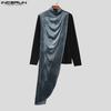 INCERUN Autumn Men High Neck Long Sleeve Fake Two-piece Irregular Velvet Patchwork Casual Tops T-shirts