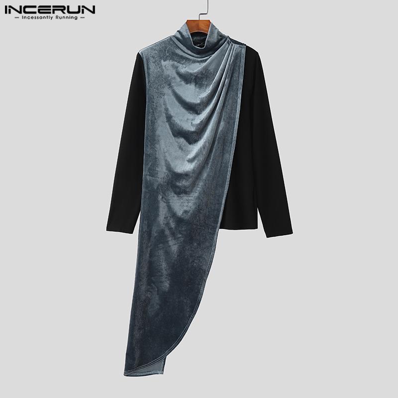 INCERUN Toamnă Bărbați Gât Înalt Mânecă Lungă Fals Două Piese Patchwork Neregulat Catifea Topuri Casual Tricouri