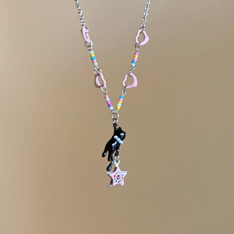 Y2K Sweet Pink Star Black Cat Necklace for Women - Cute, Versatile, Stylish Accessory & Gift