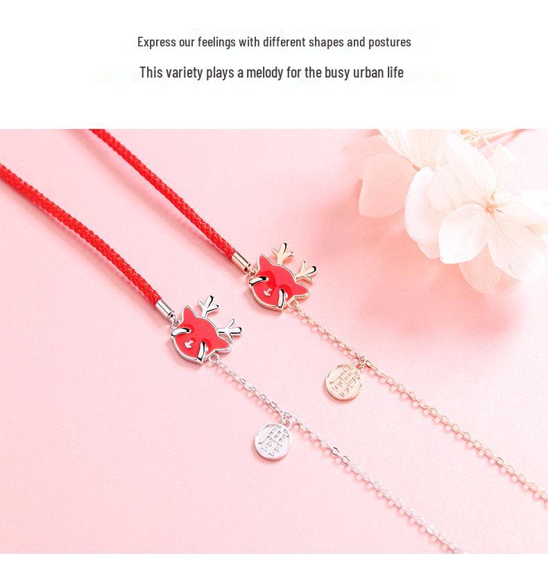 S925 Sterling Silver Antler Bracelet with Temperature-Sensitive Color Change, Woven Red Rope, Chinese Style Women's Christmas Jewelry Gift.
