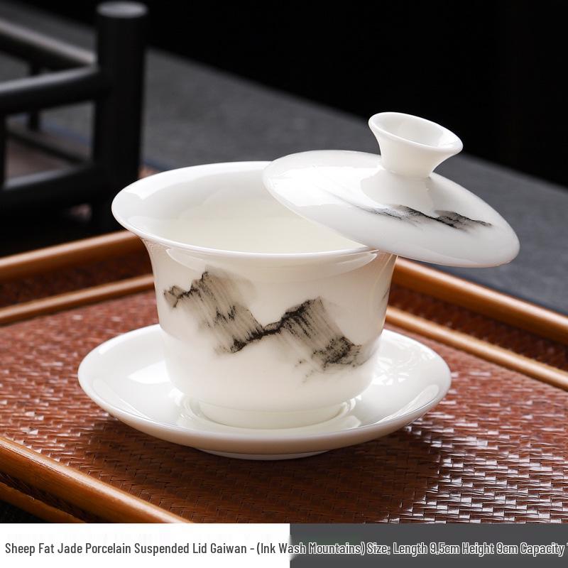 Sheep Fat Jade Porcelain Rotating Gaiwan High-End Ceramic Gongfu Tea Set