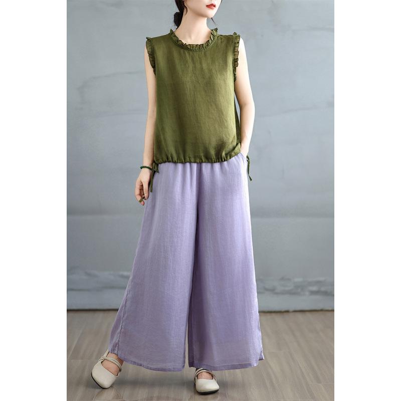Women s 2025 Summer Cotton Linen Vest & Wide Leg Pants Set - Lightweight & Breathable M