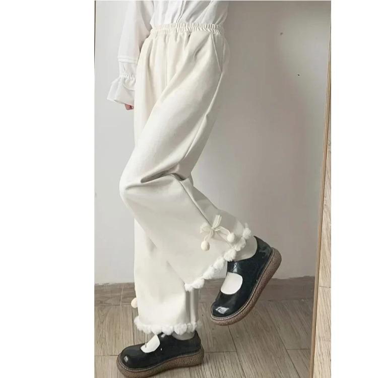 

Флисовые японские кавайные брюки женские широкие милые спортивные штаны милые Харадзюку Лолита винтажные мешковатые белые брюки с бантом зимние S белый