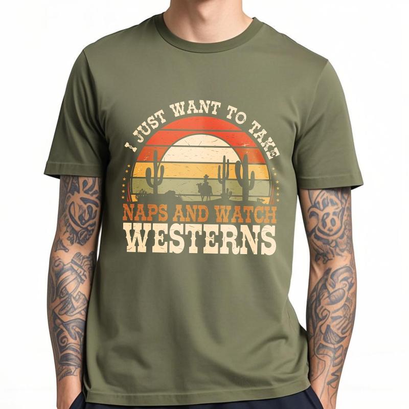 Street Wear Boys short sleeve tshirt Black Sunset Cactus Cowboy Horse Naps Westerns fashion Unisex tops Unisex fashion tshirt