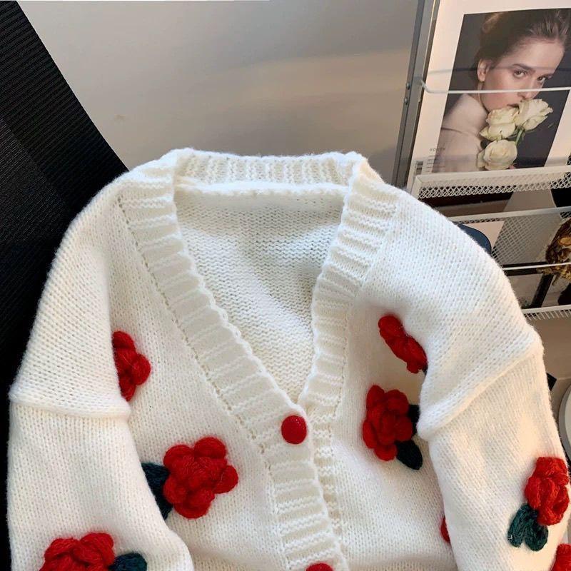 Three Dimensional Flower Loose Knit Cardigan Short Sweater Women's Coat