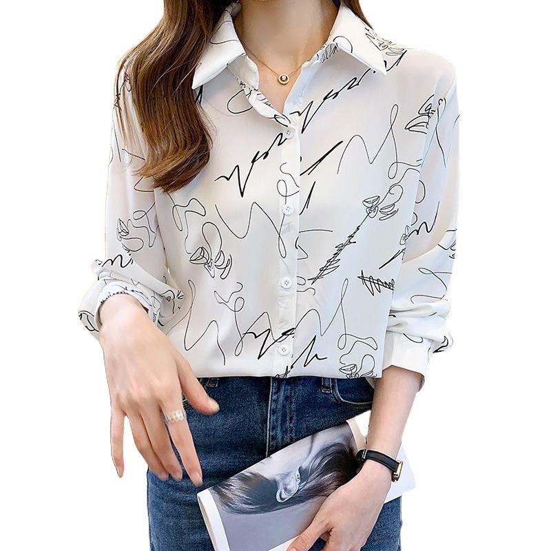 Women's 2025 Retro Hong Kong Style Graffiti Chiffon Blouse - Versatile Spring/Autumn Top
