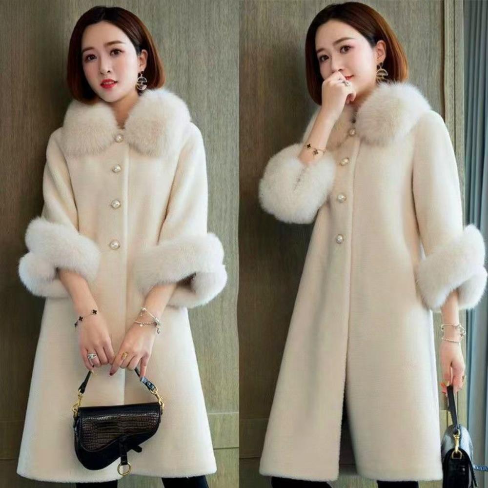 Autumn and Winter New Elegant Loose Coat Fox Fur Fur Collar Thickened Fur Particles Integrated Coat Women