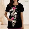 Women Plus Size White Floral Printed Scrub Top Keyhole Neck Short Sleeve With Front Pockets