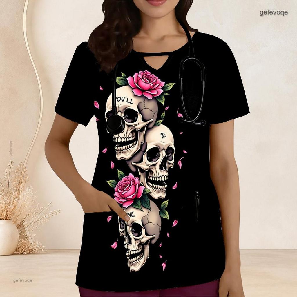 Women Plus Size White Floral Printed Scrub Top Keyhole Neck Short Sleeve With Front Pockets