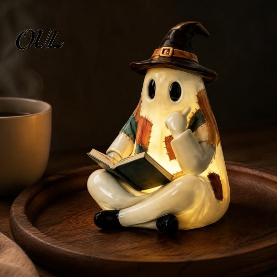 Collectibles for Halloween Party Lighted Vintage Patchwork Ghost, Ghost Reading Book Figurine, Lamp Decor, Resin Decor Cute Fall Night Light