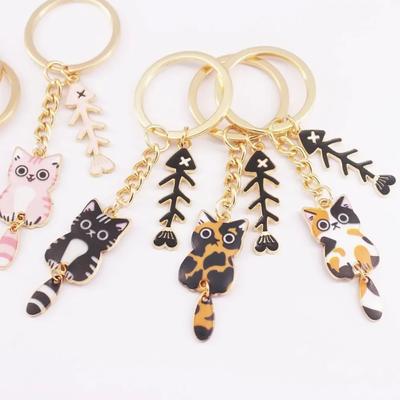 Cute Cartoon Cat Key Chains Gold Color Metal Kitten and Fishbone Ornament Woman's Funny Keychains