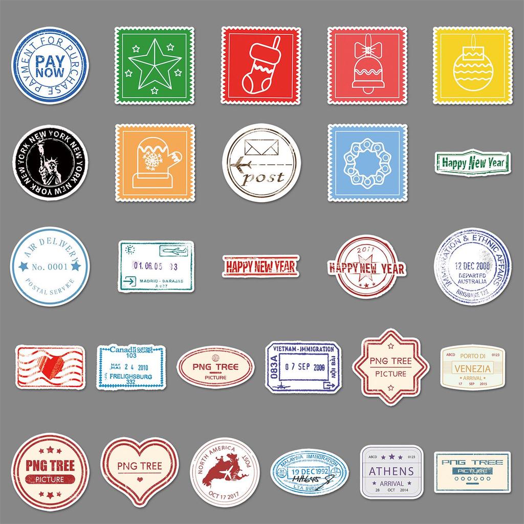 57 Retro Cartoon Postmark Stickers for Suitcase, Bicycle, Car, or Laptop – Waterproof Adhesive