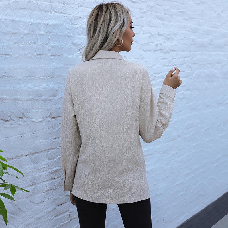 Fashionable and Casual Temperament Women's Long Sleeve Solid Color Lapel Mid-Length Vintage Shirt