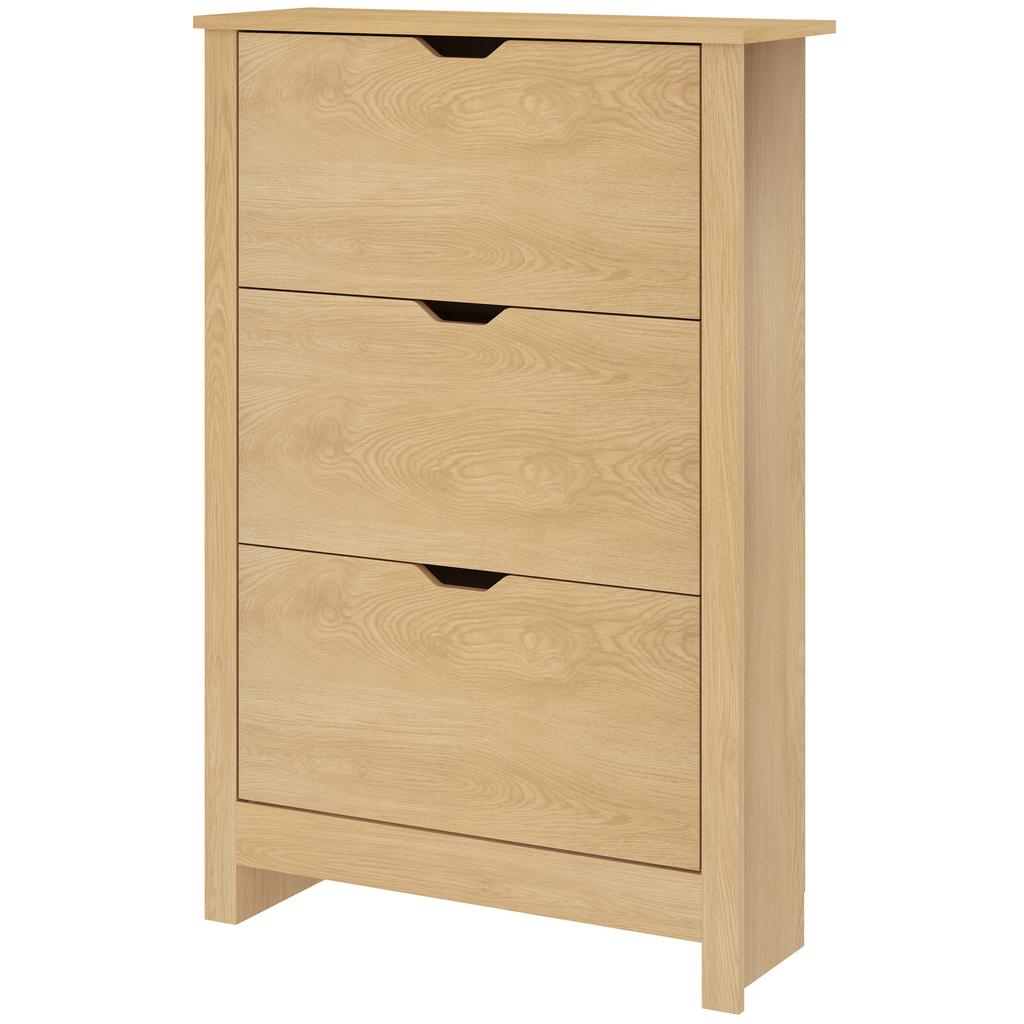 Slim Shoe Cabinet Narrow Shoe Cupboard With 3 Drawers Adjustable Shelves For 18 Pairs Of Shoes Natural Wood Finish