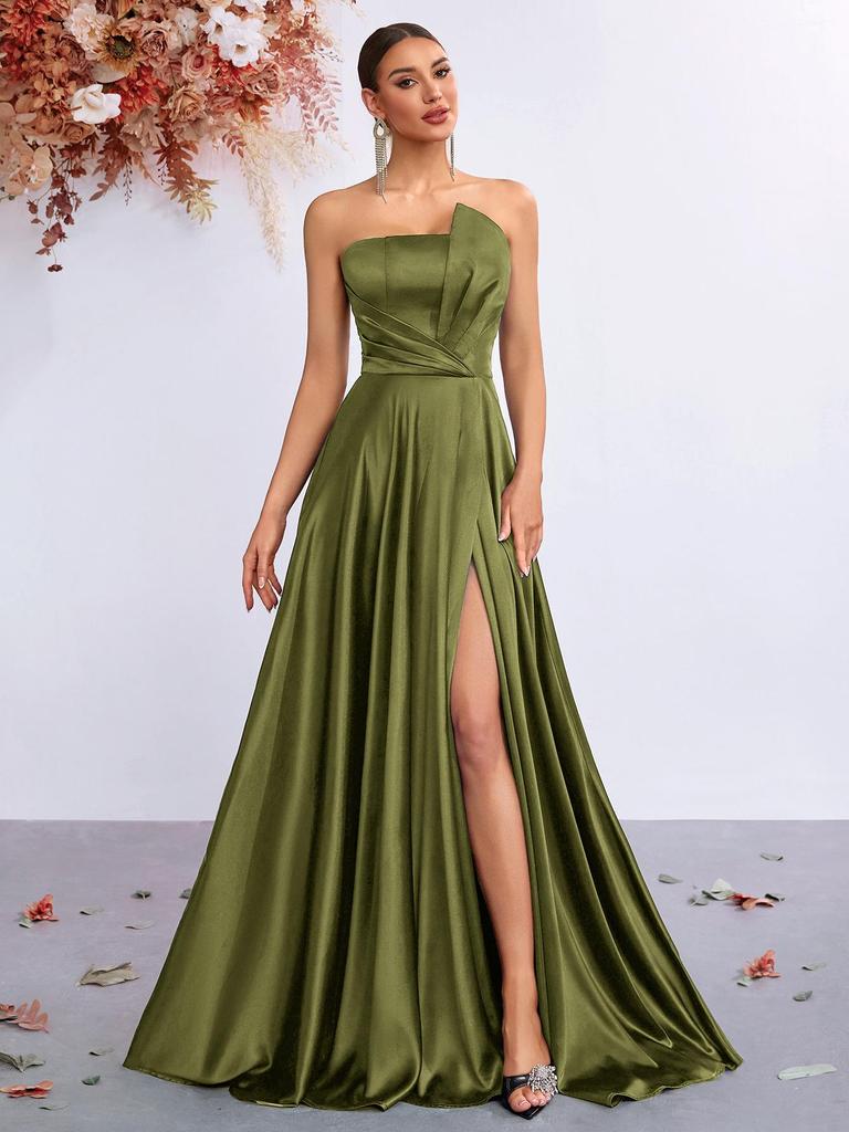 European & American Elegant Strapless Slim-Fit Slit Gown - Perfect for High-End Banquets & Evening Parties