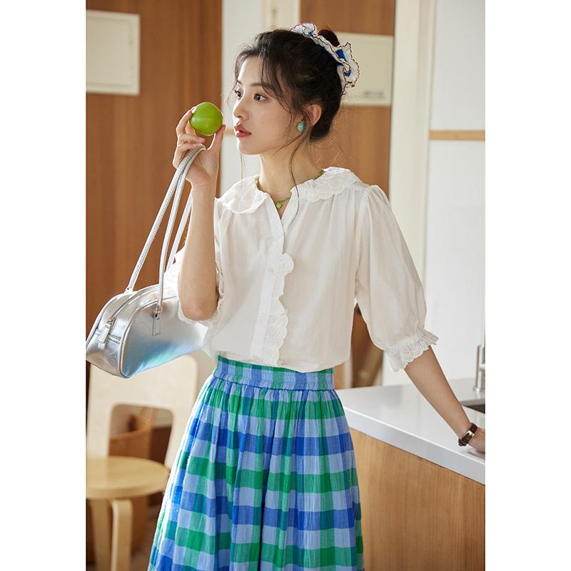 

Летняя литературная хлопково-льняная юбка в синюю клетку, женская длинная юбка в отпускном стиле S