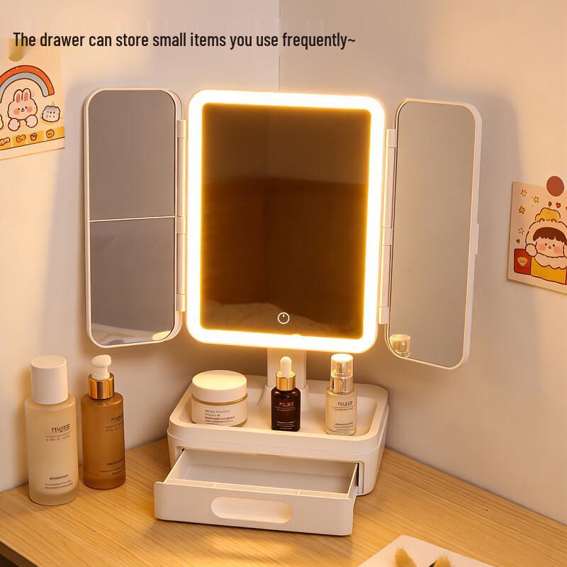 oeny Rechargeable Tri-Fold Makeup Mirror with Storage