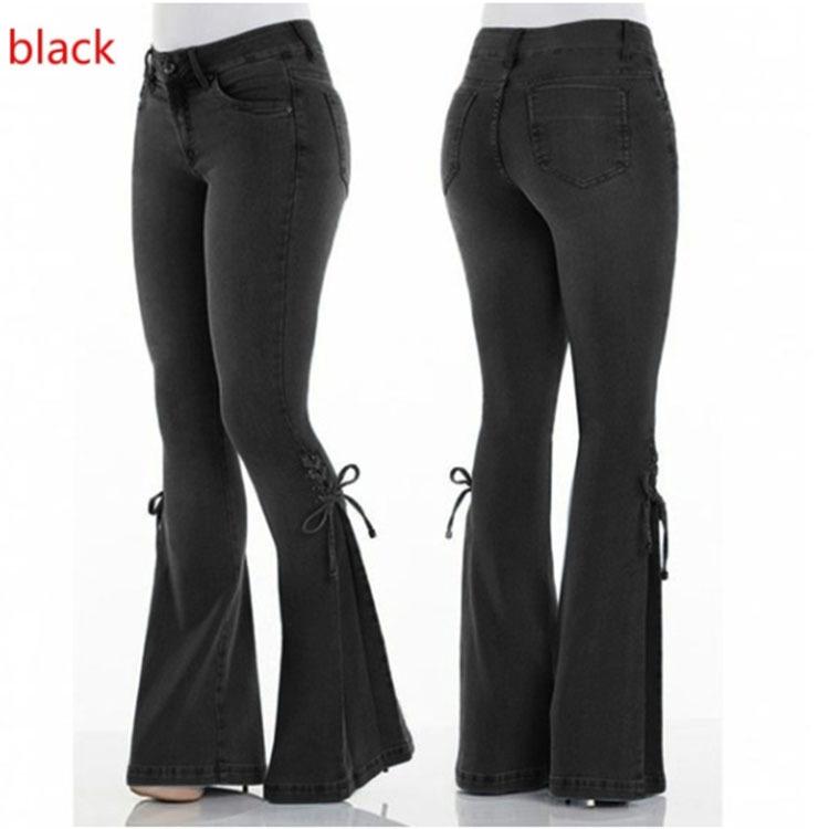 Jeans Acampanados de Color Sólido de Cintura Alta Para Mujer Pantalones Largos de Denim Elástico Con Decoración de Lazo Elegantes Pantalones Casuales