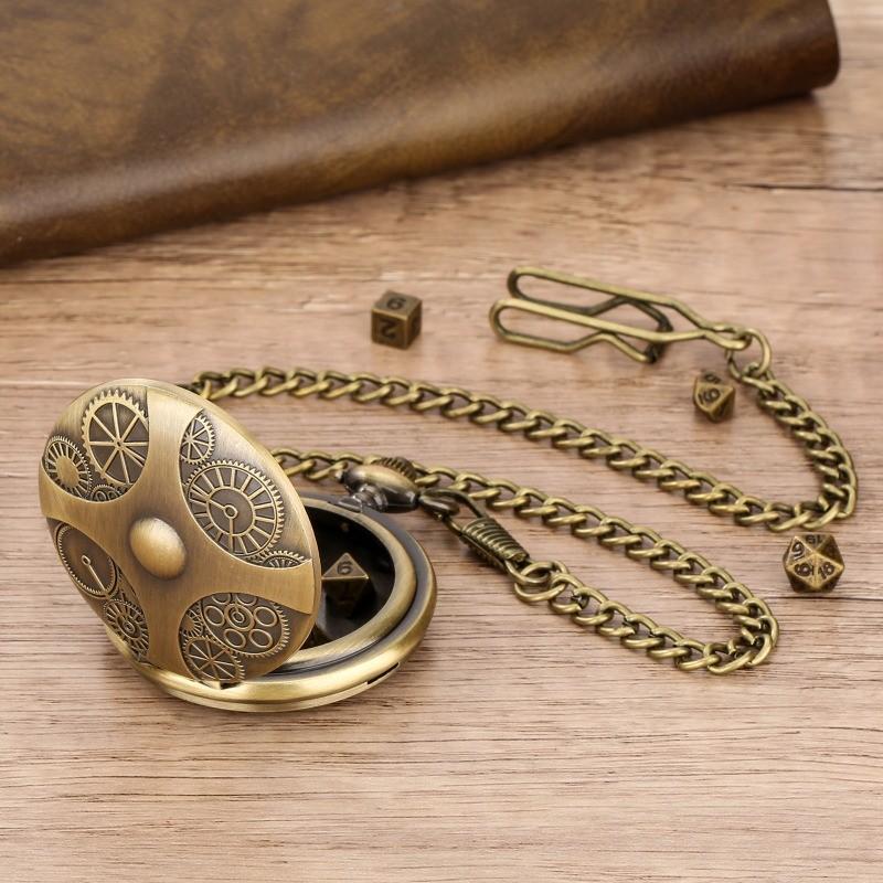 DND Dice Bronze Gear Pocket Watch Case Thick Waist Chain Bronze Dice Board Game