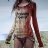 Women's Scoop Neck Long Sleeve T-Shirt Halloween Blood Hand I'm Ok It's Not My Blood 3D Print Gothic Casual Top S-5XL