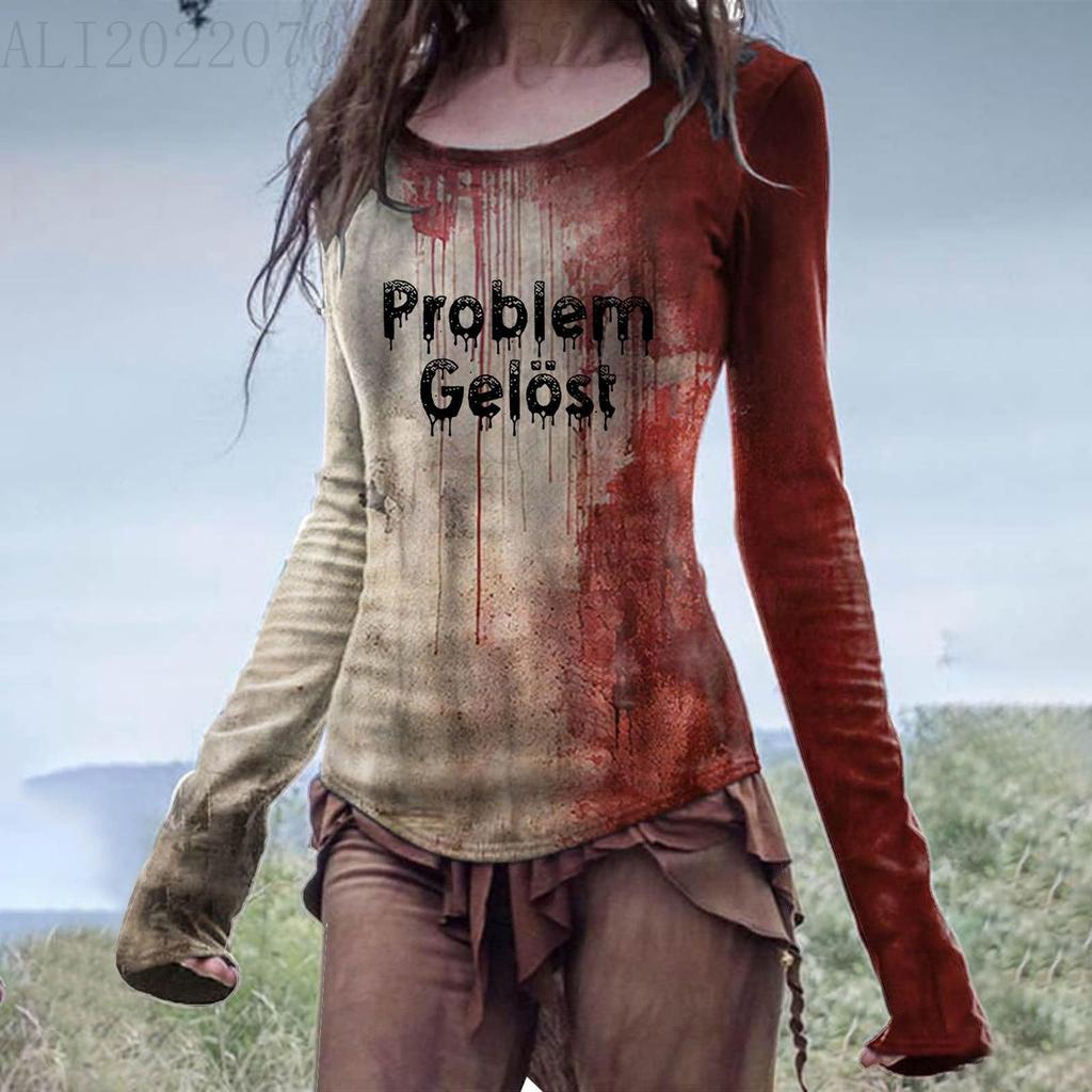 Women's Scoop Neck Long Sleeve T-Shirt Halloween Blood Hand I'm Ok It's Not My Blood 3D Print Gothic Casual Top S-5XL