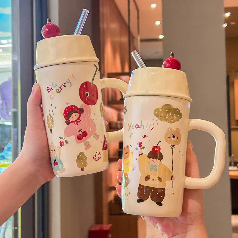 Roztomilý hrneček se slámkou Chlapci a dívky keramický hrnek vysoké hodnoty s víčkem dárek k narozeninám praktický suvenýr dárková krabička