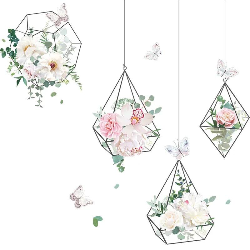 Fresh Flowers Geometric Hanging Basket Wall Stickers Living Room Bedroom Sofa Background Decoration Wallpaper Sticker Home Decor