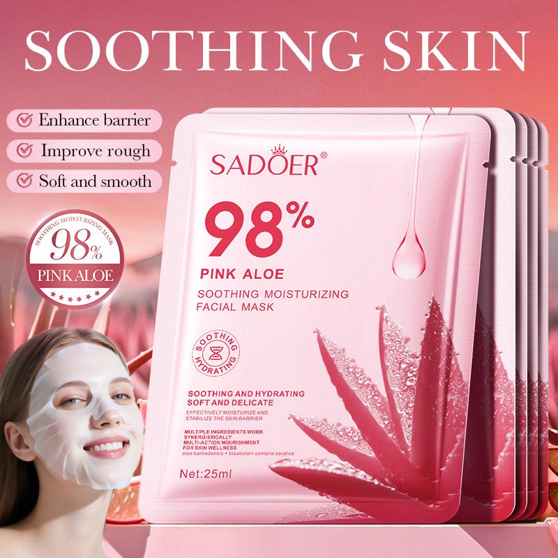 98% Pink Aloe Facial Mask Hydrating Sheet Mask Soothing Moisturizing Face Mask Softening Nourishing Skin Care 10pcs