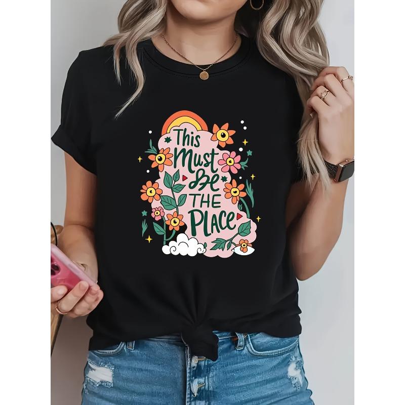 

Plus Size, Plus Size T-Shirt, This Must Be The Place Floral Themed Print, Black Short Sleeve Crew Neck Printed T-Shirt - Machine Washable S чёрный