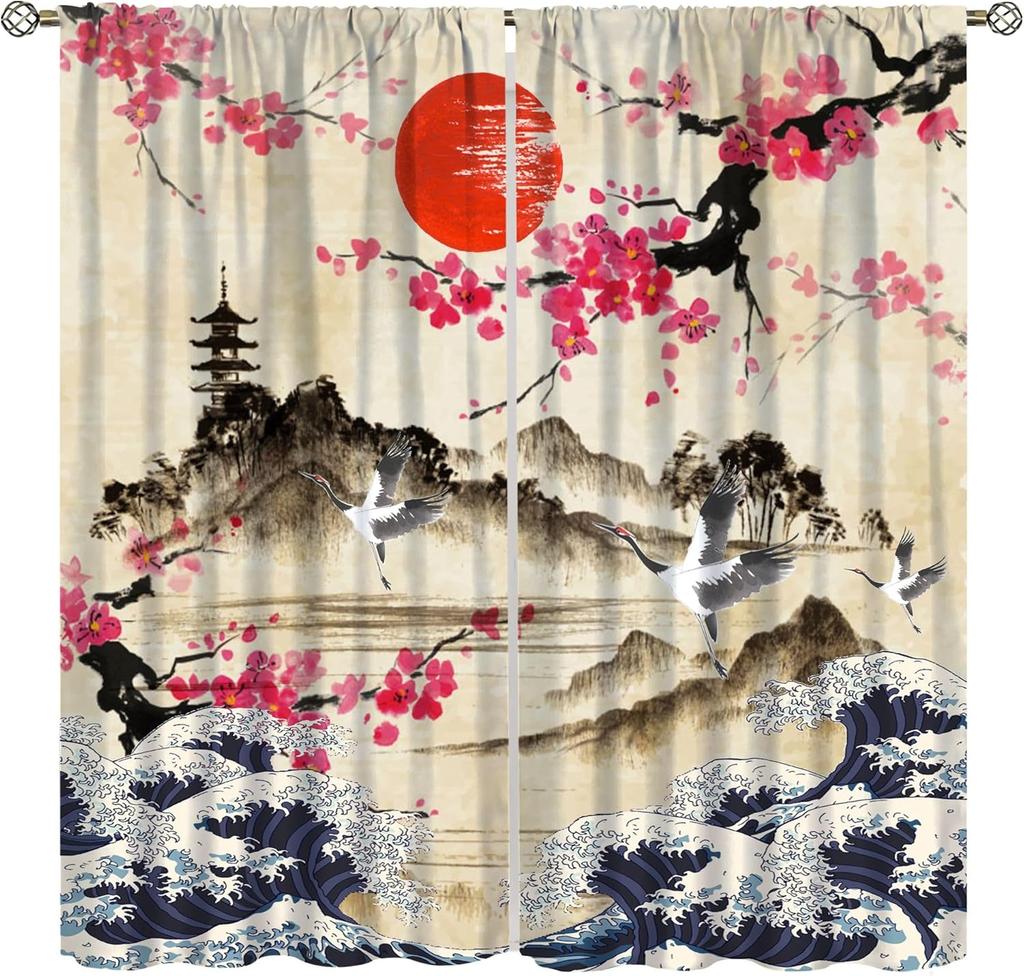 Japanese Style Blackout Curtain,Sea Wave Cherry Blossom Crane Ocean Bird Themed Watercolor Curta For Dining Room Cafe Living