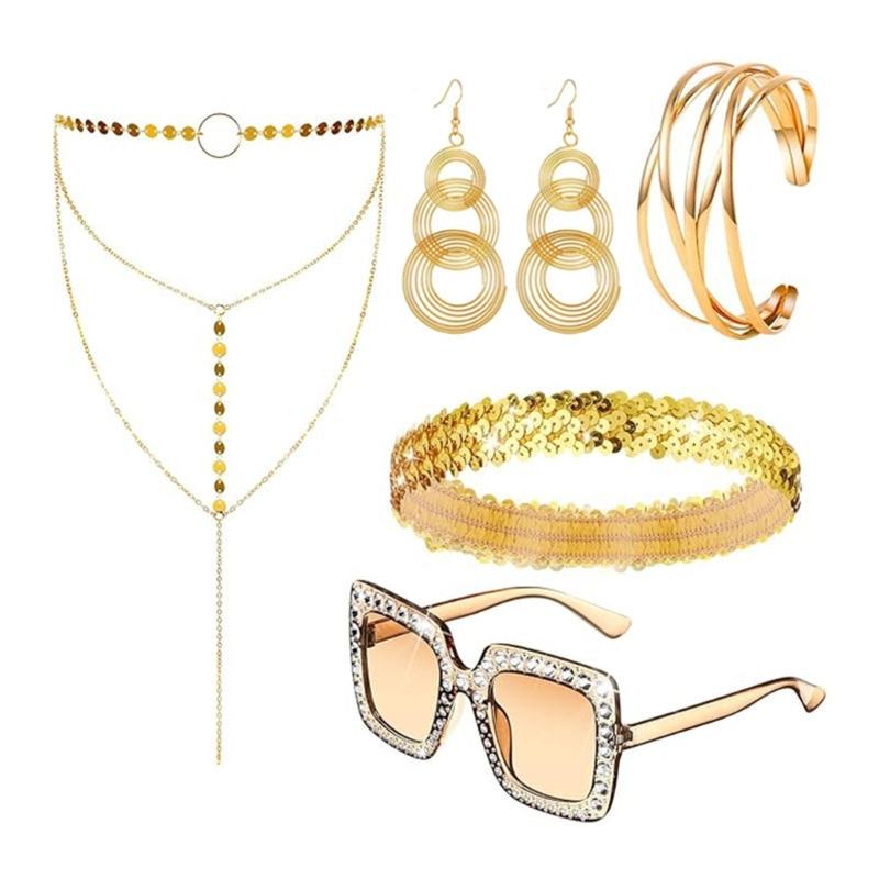 5 Peças Bijuteria Fantasia Disco Anos 1970, Óculos de Sol Brincos Colar Tiara Pulseira, para Mulheres Festa Temática Disco Anos 70/80