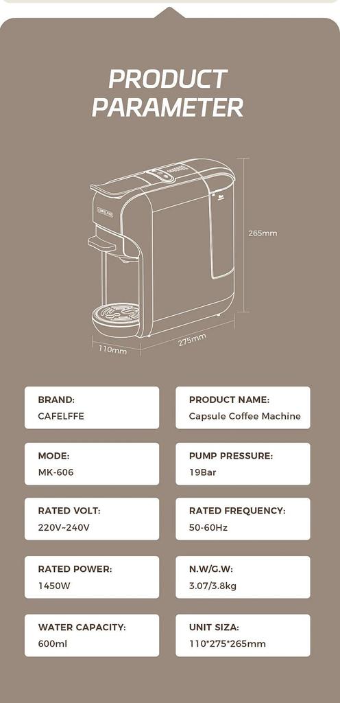 New Cafelffe 5 in 1 Multiple Capsule Coffee Machine Hot/Cold DG Cappuccino Nespresso Capsule ESE Pod Ground Coffee Cafeteria 19Bar,MK-606