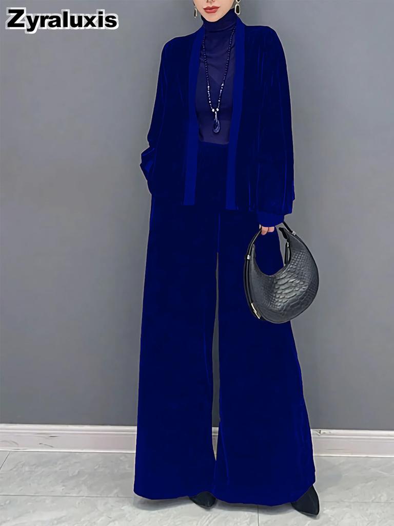 Nuovo Set di Velluto Elegante Chic Minimalista Spazioso Manica Lunga Scollatura Ampia Pantaloni a Gamba Larga Donna
