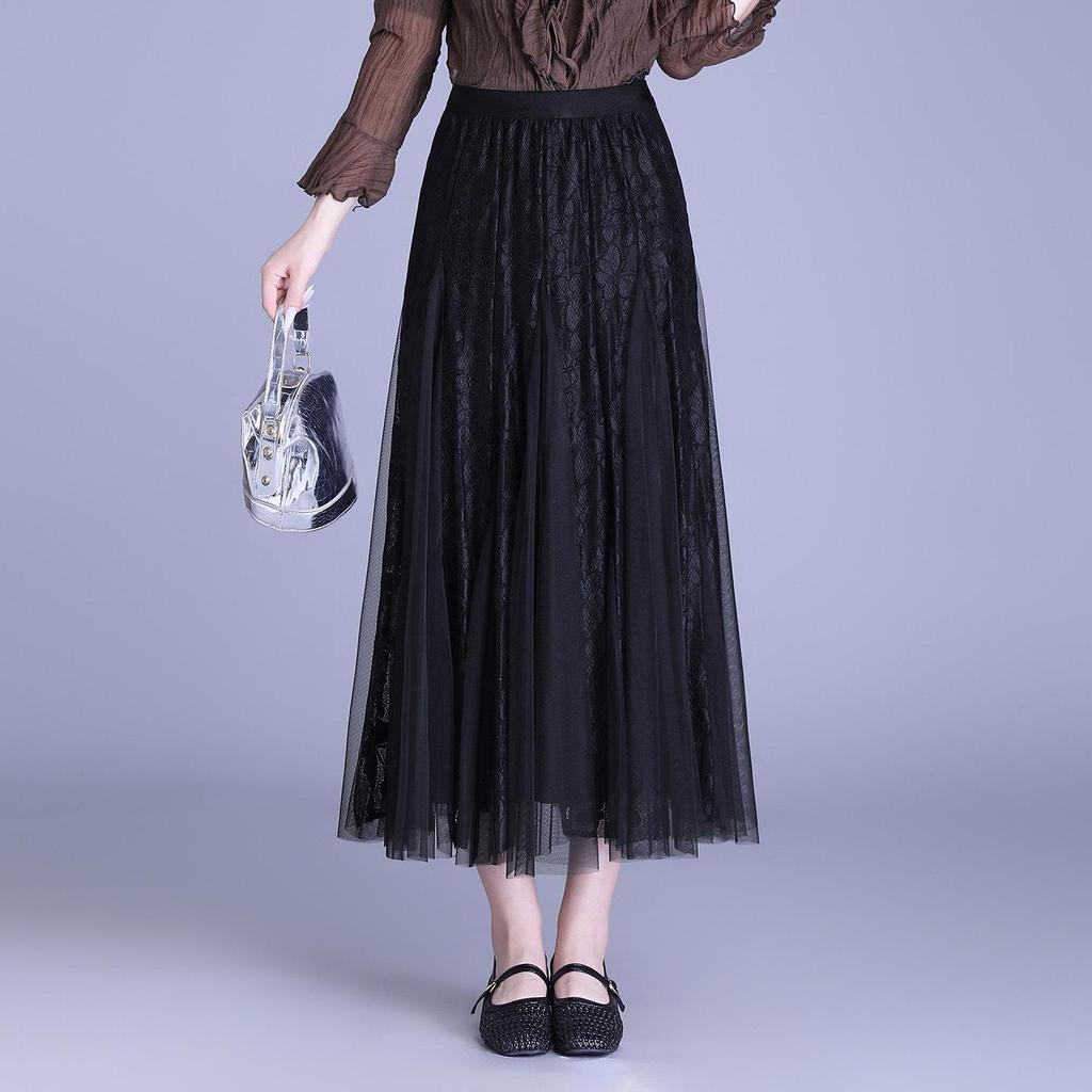 A-line Midi Skirt: High Waist Mesh Lace Patchwork for Women - Spring/Summer 2026