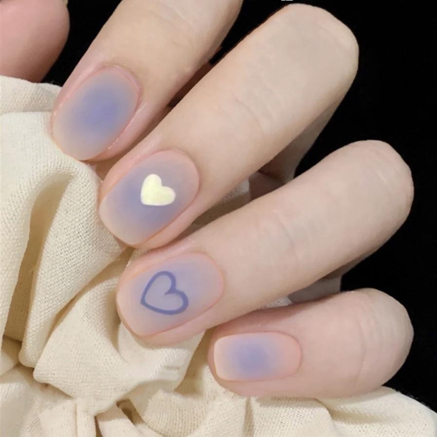 24Pcs Handmade Short Round Coffin Press On Nails Ocean Star Moon Blue Gradient Fake Nails With Glue