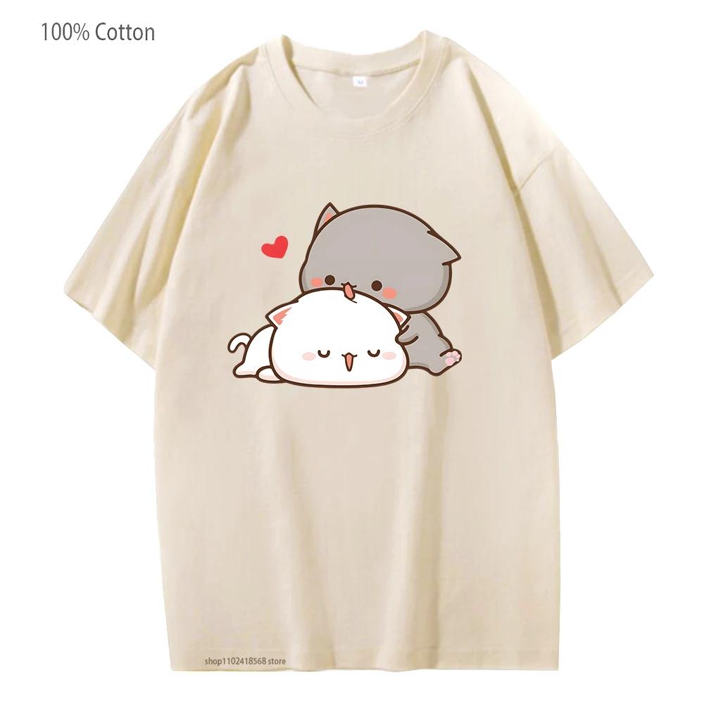 Мультяшная футболка Моти Персиковый Кот Футболки Персиковый Кот Женская одежда Харадзюку Короткий рукав Свободный хлопок Футболки Кавайи Топ для девочек S