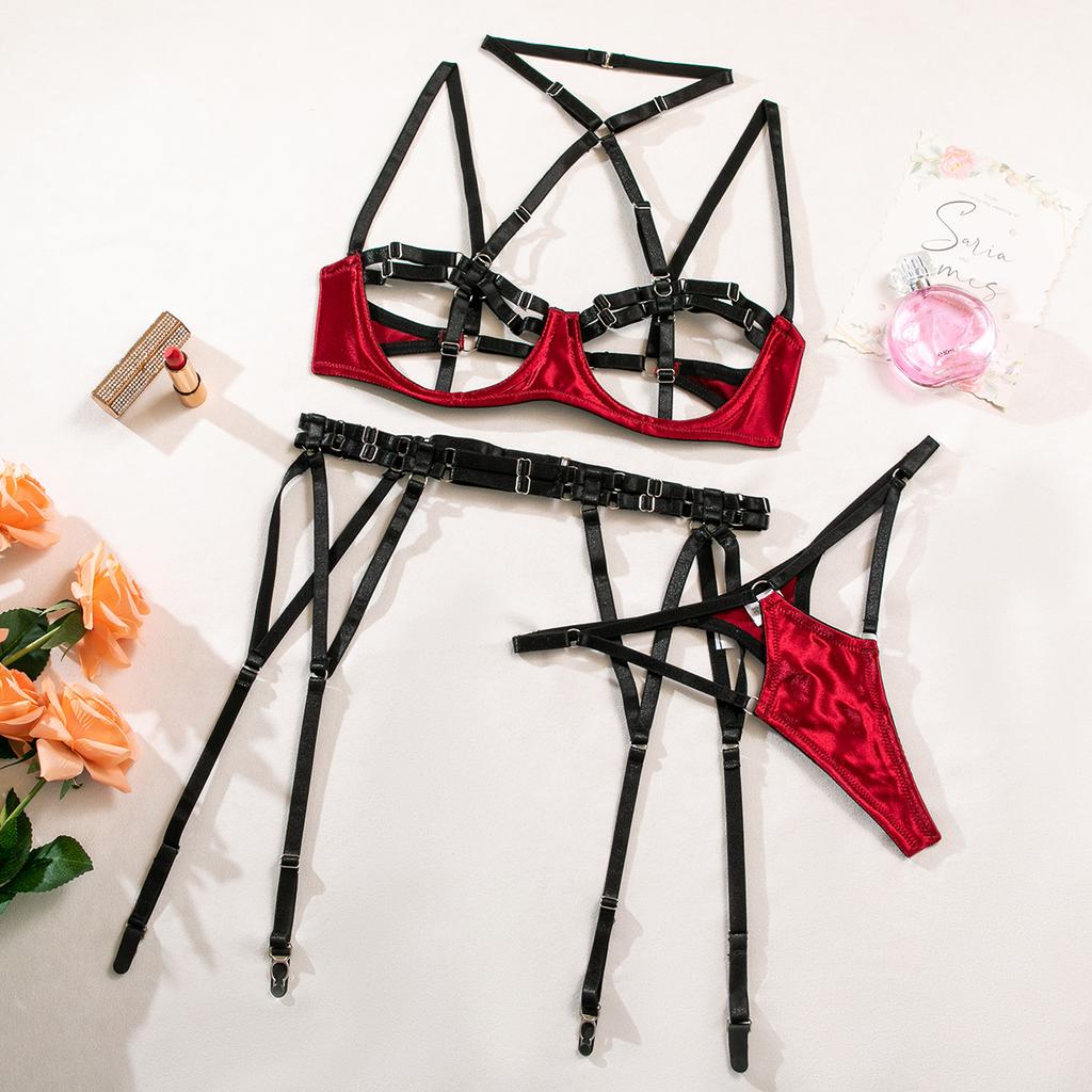 Sexy Leopard Exotic Lingerie Set Sensual Outfits Delicate Bandage Hollow Push Up Bra Thong Garter Belt Stockings Underwear