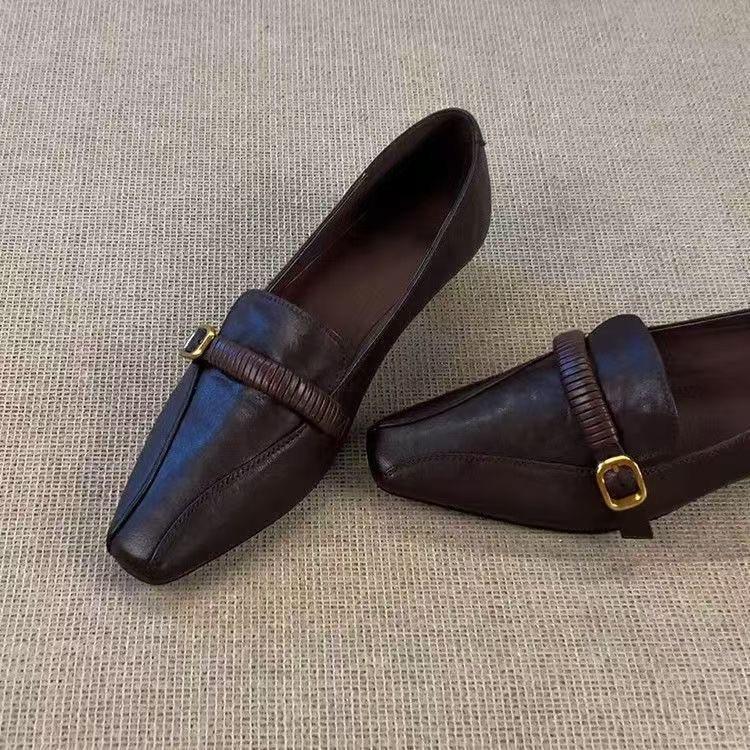 Retro French Light Mouth British Style Versatile Small Leather Shoes Women's Spring and Summer New Square Head Light and Comfortable Single Shoes