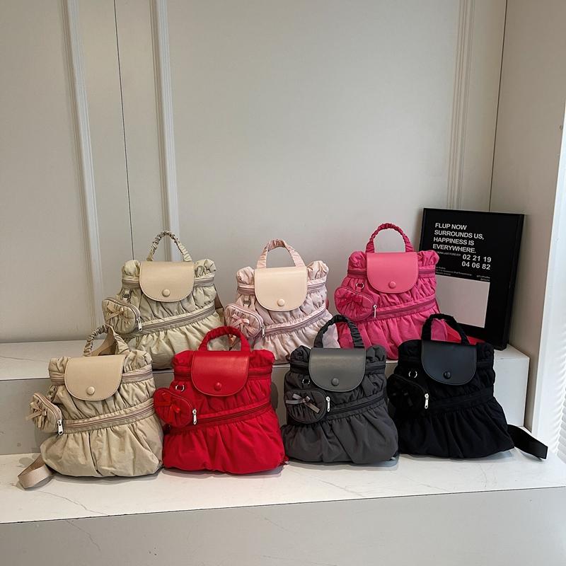 Solid Color Backpack Women's Pleated Handbag with Coin Purse
