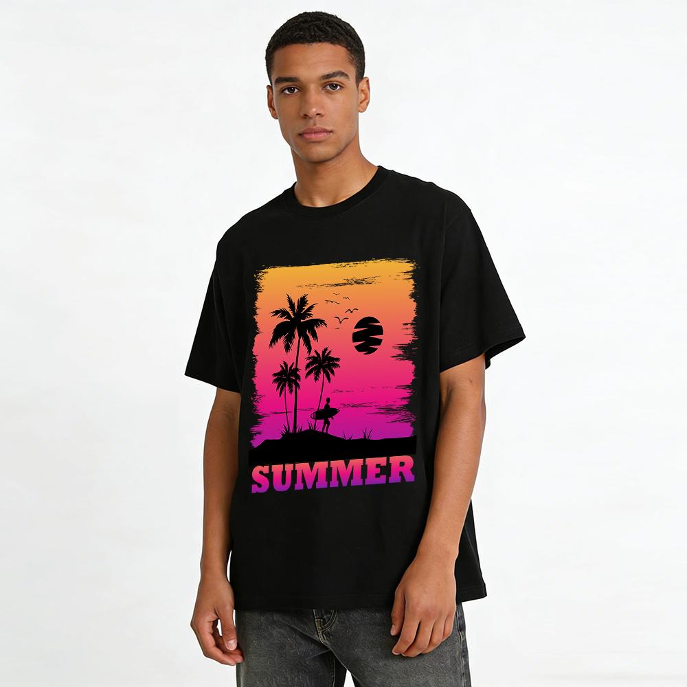 Summer Surf Coconut Tree Sunset Print Casual Short Sleeve T-Shirt Pure cotton T-shirt