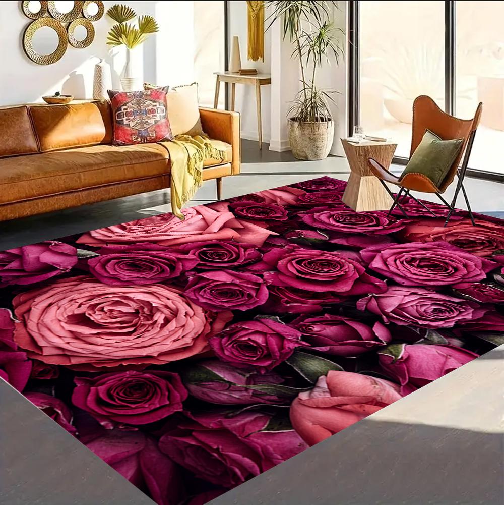 Blooming Rose Floral Living Room Area Rug Rose Rug for Girls Romantic Valentine Gift, Flower Room Bedroom Home Decor Carpet