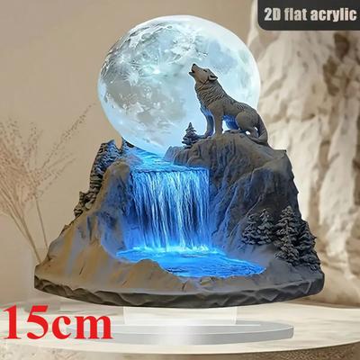 Böhmischer Wolf und Vollmond, 2D flaches Acryl, Tischdekoration, Ornamente, geeignet für Wohnzimmer, Büro, Geschenke, Weihnachten, Halloween