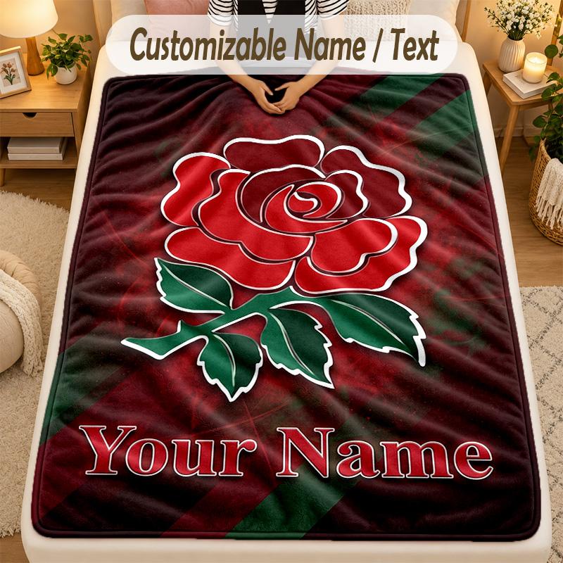 Flannel BlanketEngland Rugby Custom Name Text Personalized Soft Warm Throw Blanket Home Decor Gift