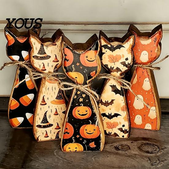 Country Style Holiday Room Ornaments Rustic Wooden Cat Ornament, Vintage Halloween/Flower Wood Tabletop Signs, Housewarming Gift Ideas Distressed